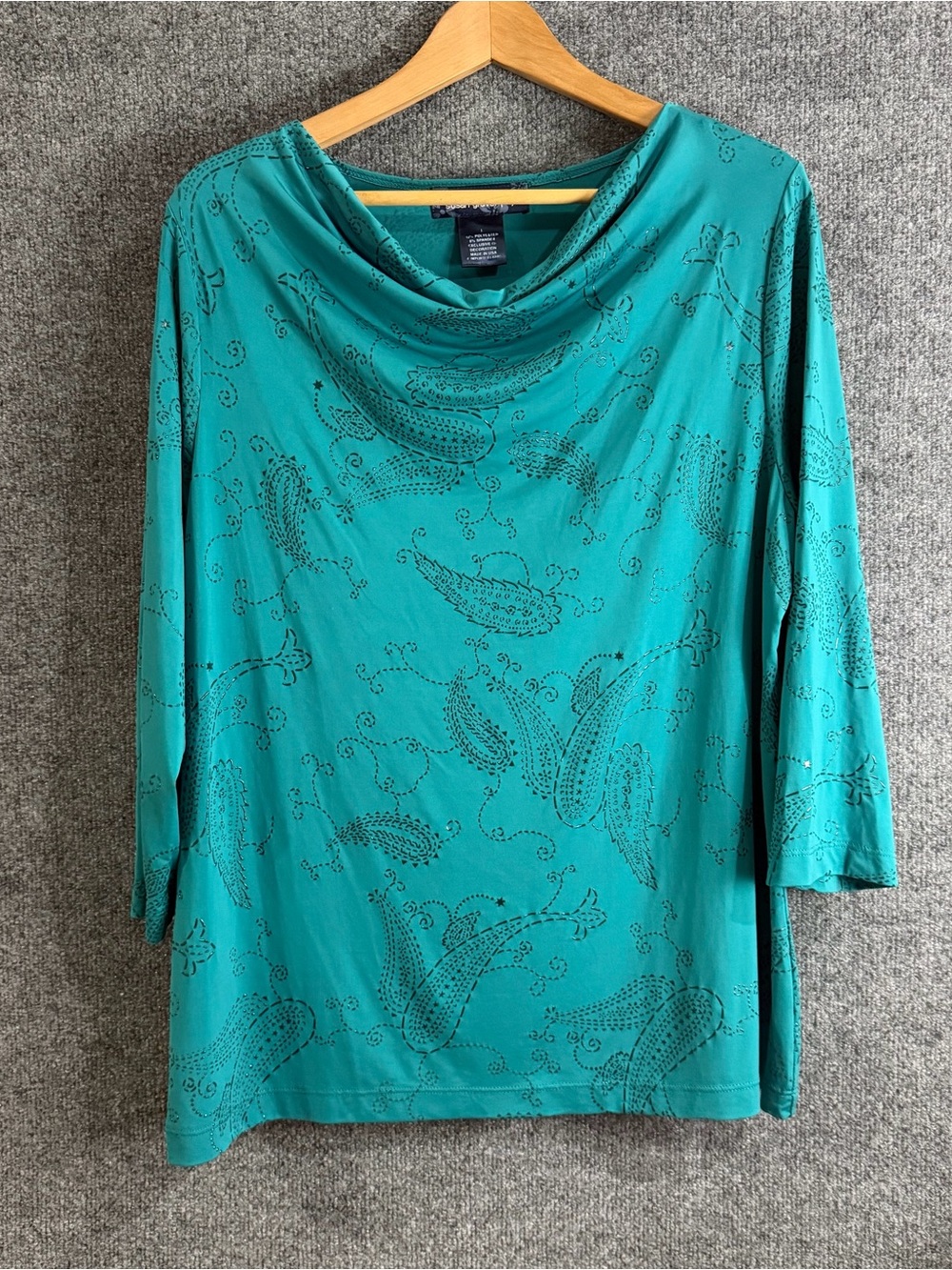 Susan Graver Liquid Knit Top Womens Large Teal Paisley Cowl Neck 3/4 Sleeve Tuni